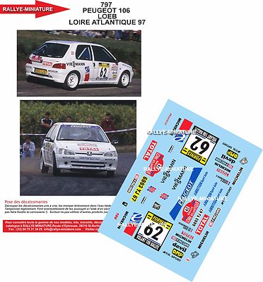 DECALS 1/43 REF 0797 PEUGEOT 106 SEBASTIEN LOEB RALLYE LOIRE ATLANTIQUE 1997