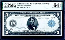$5 1914 Federal Reserve Note Kansas City Fr#883a White | Mellon PMG 64 EPQ CU