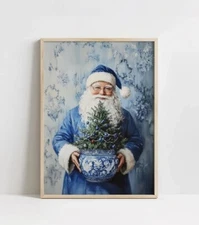 Trendy Blue Floral Santa Painting, PRINTABLE Christmas Home Wall Art, Vintage