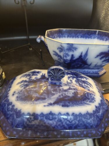 Flow Blue Chinese Porcelain Arabesque Large Lidded Tureen As Is - Picture 4 of 10