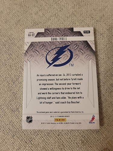 2012-13 Panini Titanium Hockey Dana Tyrell PATCH 42/50 Game Worn Tampa Bay - Picture 2 of 2