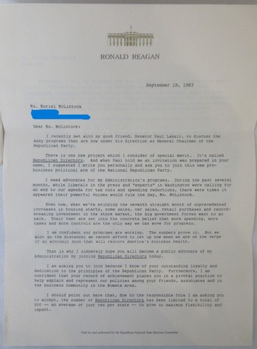 Ronald Reagan Letter to Ms. Muriel McLintock To Join Republican Directors 1983 - Picture 4 of 5