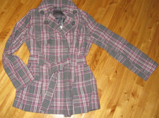 Jou Jou Lg Pink/gray Plaid Lined Button Up Tie Coat Nwt