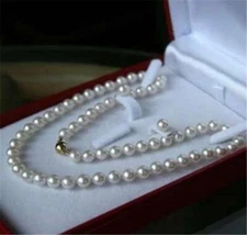 AA 7-8MM Natural White Akoya Cultured Pearl Necklace 20" + Earrings Set
