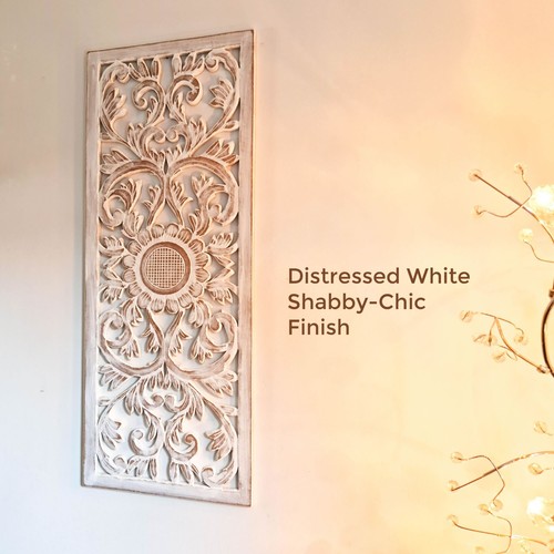 Geschnitztes Wandbild aus Holz - langes dekoratives Mandala Distressed weiße Platte