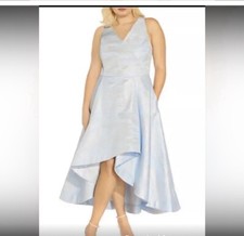 Adrianna Papell Women's Blue Silver Metallic Jacquard High Low Gown Dress 16 W
