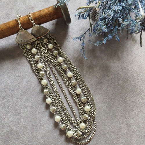 Vintage Necklace Silve Multistrand Statement Necklace 1950s Layered Chains