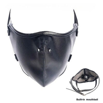 PU Leather Face Mask with Open Mouth Breathable Hard Gags Binding Roleplay