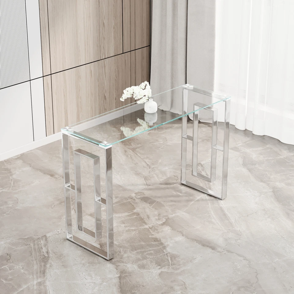 Rectangular Glass Top Sofa Table Console Table With Silver Stainless Steel Legs - Image 2 of 4