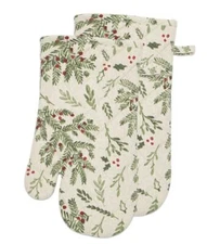 Ivory with Pine Bough and Holly Berries Christmas Oven Mitt Set of 2