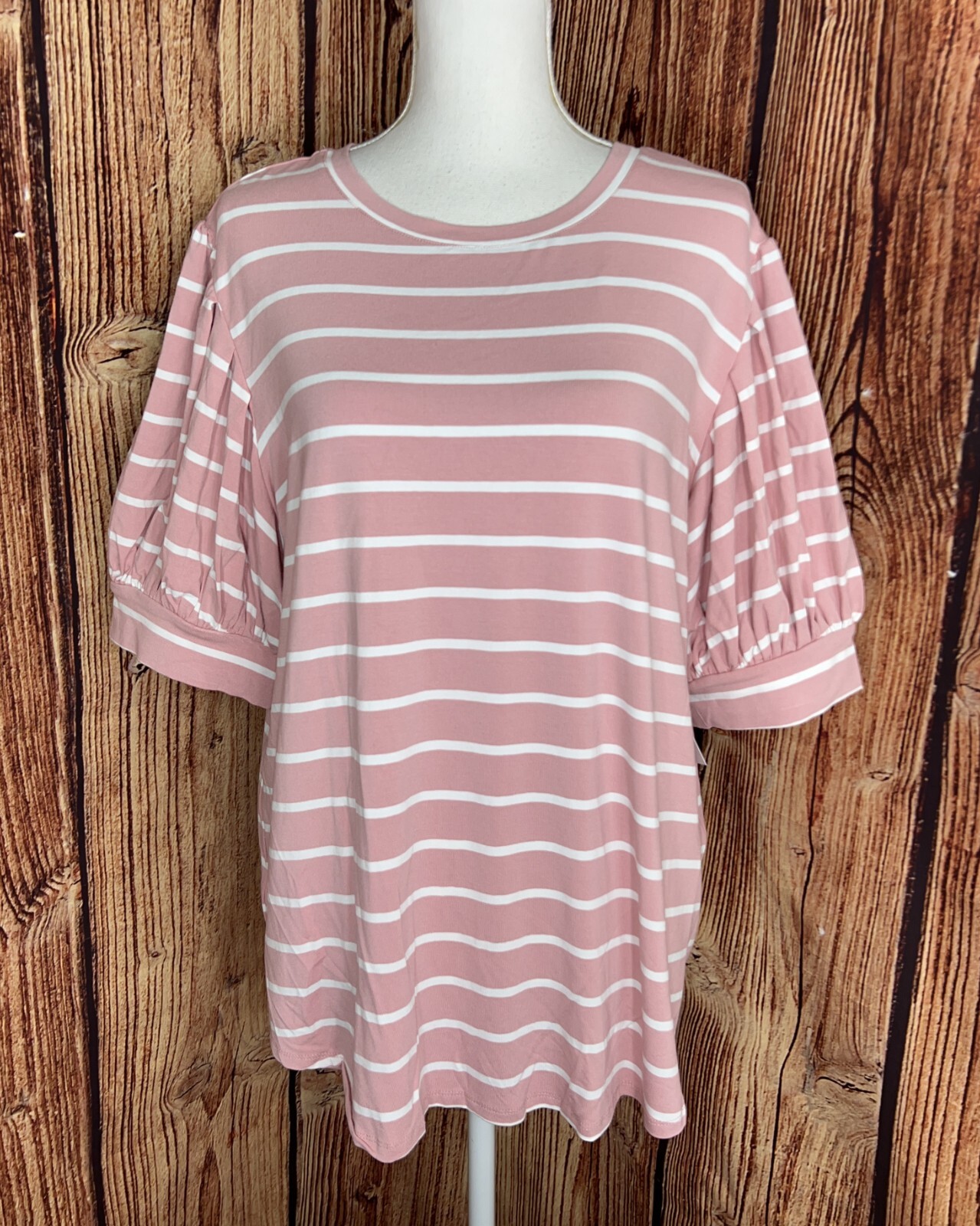 Time and Tru Soft 2XL Puff Sleeve Blouse White Stripe Dusty Rose
