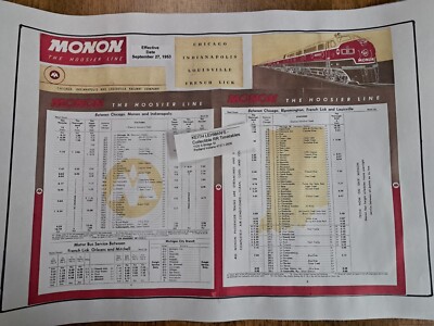 MONON RAILWAY - 1953 - 12''X18'' Framable Collectible Timetable
