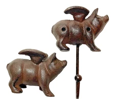 Flying Pig Duo Cast Iron Wall Hook and Figurine Rustic Brown Home Decor
