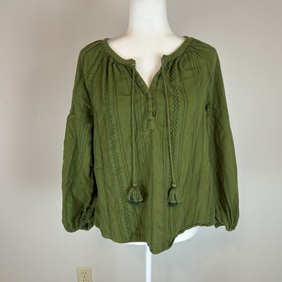 Crown Ivy S Green Peasant Tassel Top Blouse Geo Prairie Cottage Embroidered