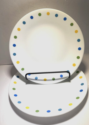 Vintage Corning  Corelle Plates ''CORDOT'' White w/Dots Blue Green Yellow Lot of 2