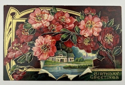 Antique 1910 Birthday Postcard Embossed Gilt Floral Scene Germany Serie 1460b E2