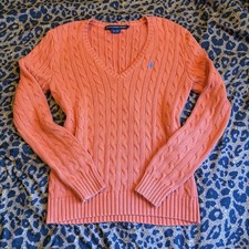 Ralph Lauren Sport Orange Cable Knit V-Neck Sweater Women s Size L Vintage
