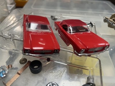 2 Rare Aurora Thunderjet500  64 1/2 Mustang Hardtop Red/Red Slot Cars