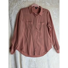 Ann Taylor 100% Silk Button Down Shirt Pink Long Sleeve Pockets Size S