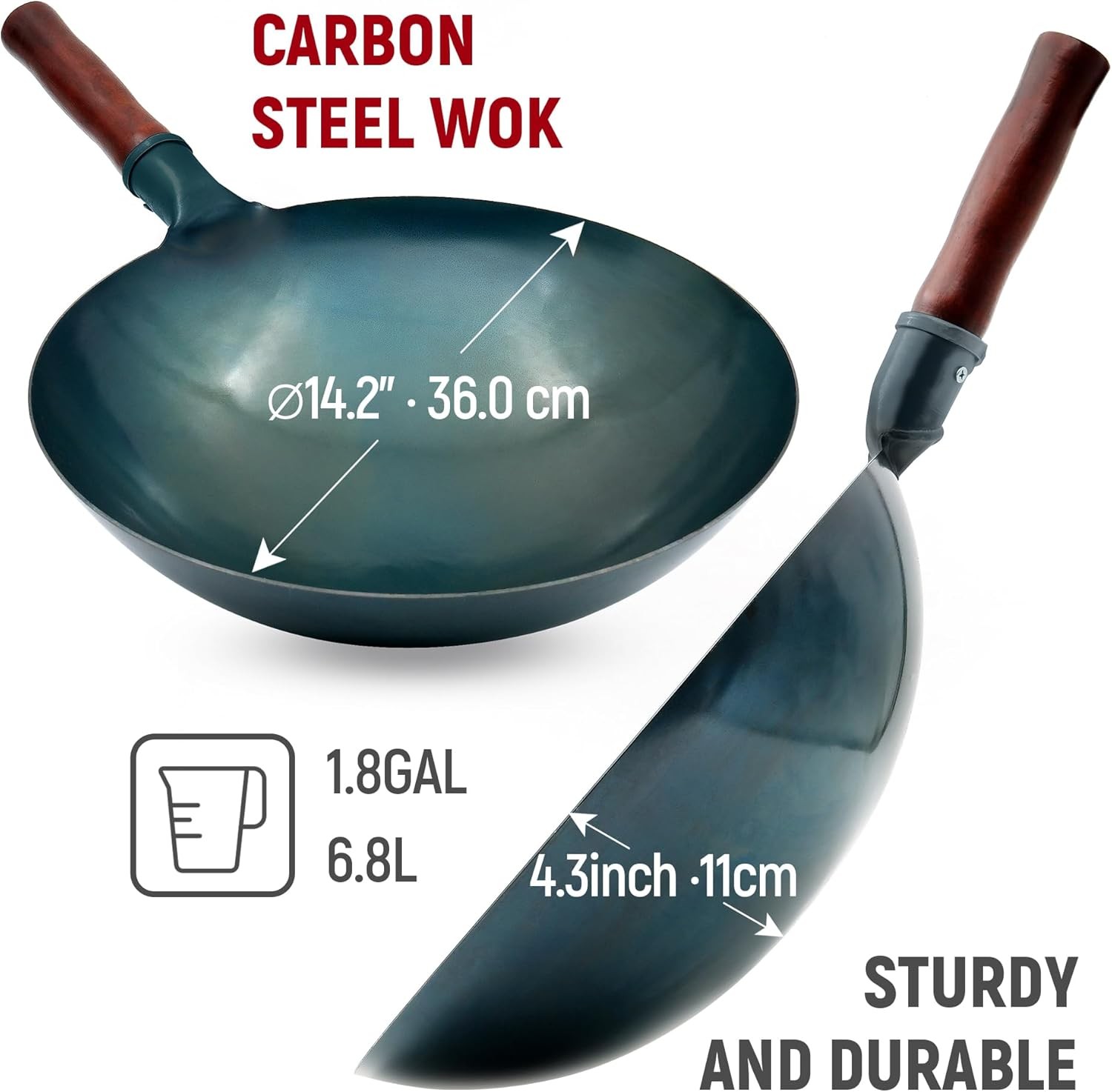 Carbon Steel Wok Traditional Hand Hammered Wok,14 Inch,Round Roasted Blue