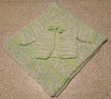 As Is READ CROCHET Baby Blanket  SWEATER 33.25  x29.25" Handmade Green Blue