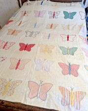 Vintage Feed Sack Butterfly Applique Work CUTTER Quilt 84x72in BUTTERFLIES