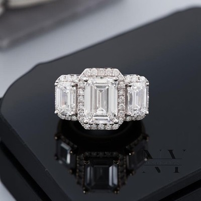 4CTW Emerald Cut D Moissanite Three Stone Engagement Ring 14k White Gold Plated