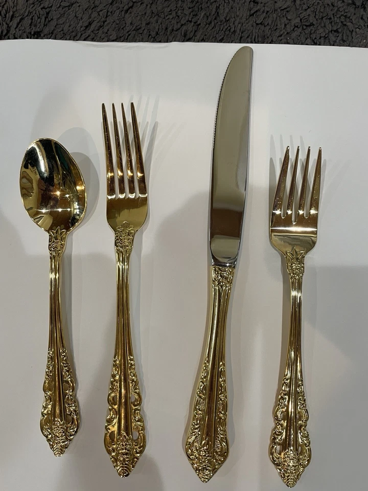 Wallace Golden Electroplate 18/0 Stainless Steel 48 Piece Flatware Set Baroque? - Image 3 of 4