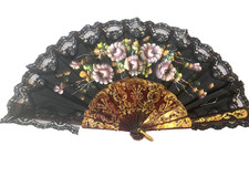 Antique Victorian Black Lace Folding Hand Fan w/Gold Gilded Red Plastic Slats