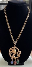 Vintage Gold Tone Queen Nefertiti Egyptian Revival Pendant Necklace With Scarabs