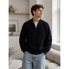 Men  s Black Quarter Zip Sweater Textured Knit Pullover   Classic  Cozy