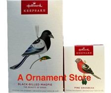 NEW RELEASE 2026 Hallmark BLACK-BILLED MAGPIE ~ Miniature PINE GROSBEAK Ornament