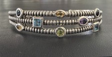 Vintage 925 Sterling Silver Multi Gemstone 3 Cable Strand Cuff Bracelet