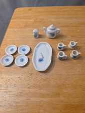 Miniature Porcelain Tea Set 11 Piece Blue Floral Dollhouse Teapot Platter