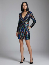Express NEW Multicolor Sequin Bodycon Dress Size Medium Deep V Long Sleeve