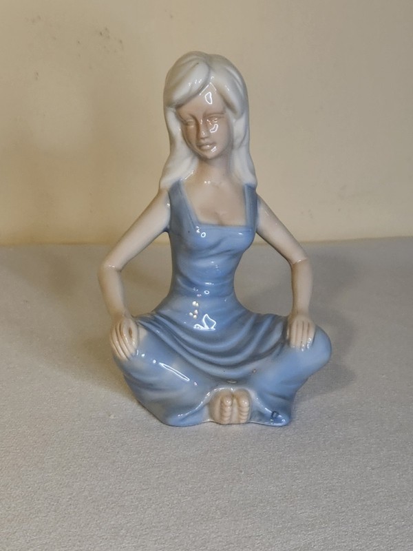 Vintage Glazed Seated Woman Figurine Blue Dress Serene Pose