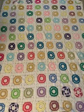 Vtg. Large Granny Square 3D Raised on one side Crochet Afghan Blanket 98x78