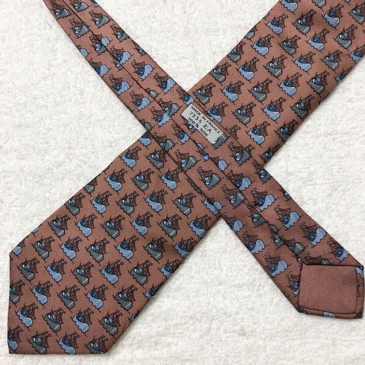 HERMES Tie Ship 100 Silk Made in France Azuki Color Business thumbnail 5