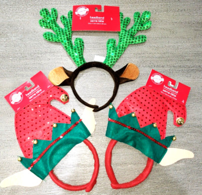 CHRISTMAS ANTLERS REINDEER 3 NEW ELF EARS GREEN TREE GLASSES SPARKLES BOYS GIRLS