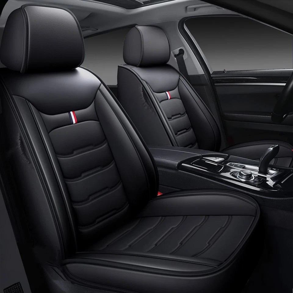 Juego completo de fundas de asiento de auto de cuero 5 asientos protector trasero delantero negro para Chevrolet Foto 2 de 4