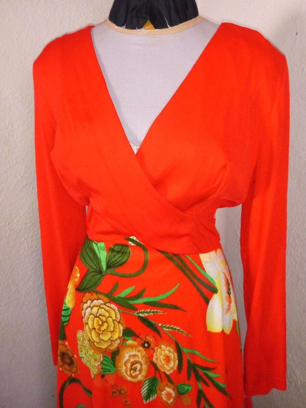 Exotic 70s Bright Orange Poly and Tropical Floral… - image 2