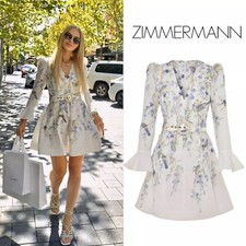 NWT 895 Zimmermann Natura V Neck Belted Floral Linen Mini Dress Blue Birds AU0