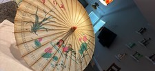 Vintage Chinese Parasol/Umbrella, Hand Painted Oil-Paper Bamboo Wood 3ft Signed 