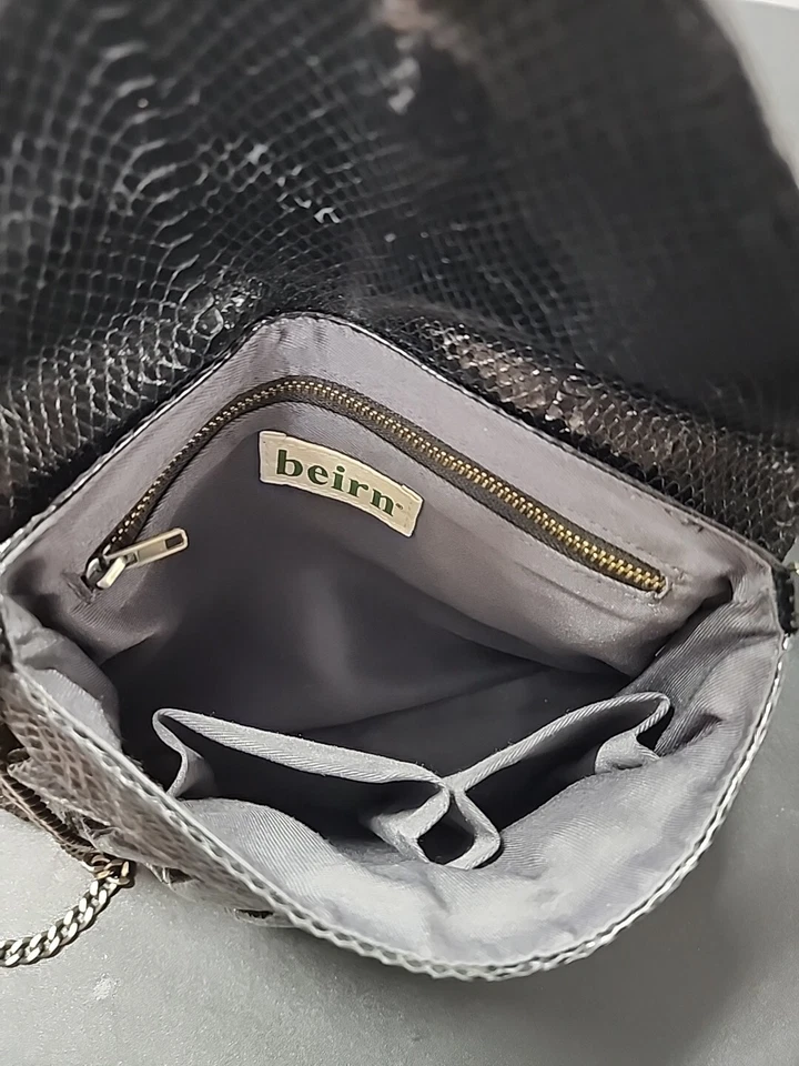 Vintage Beirn Snakeskin Clutch Purse Black Metal Chain Shoulder Strap Crossbody  - Image 4 of 4