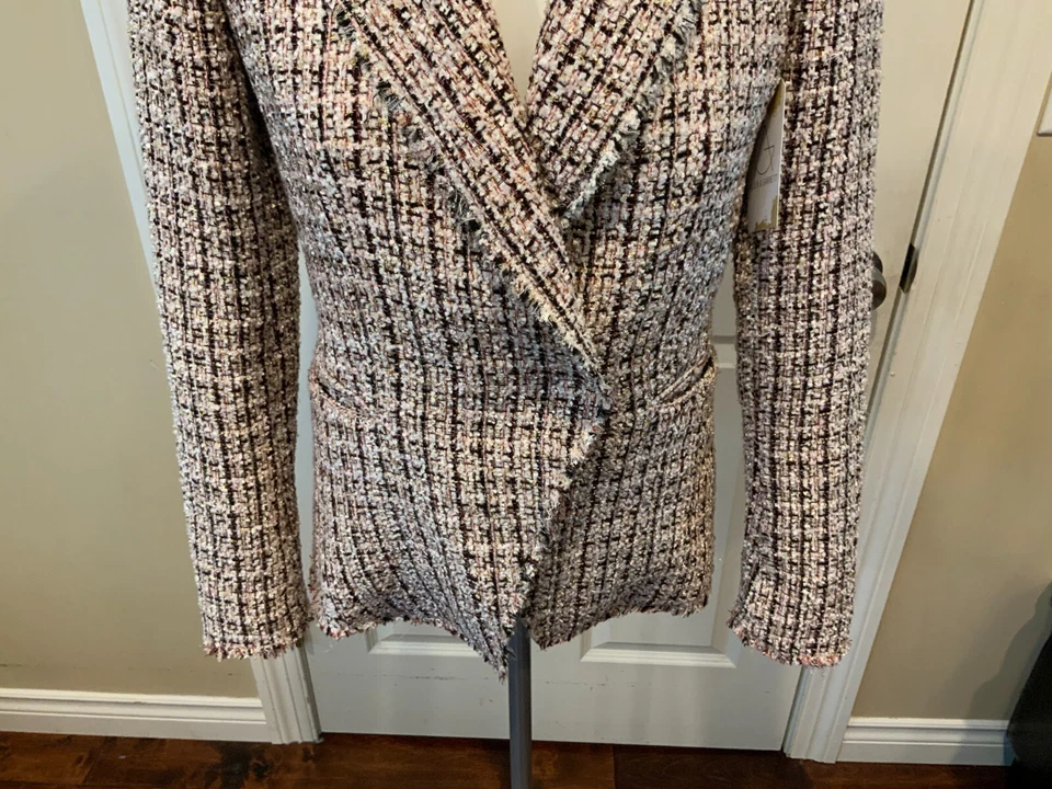 Blazer de tweed Elie Tahari blanco, rojo, dorado y negro con ribete de flecos, talla 0 Foto 3 de 4