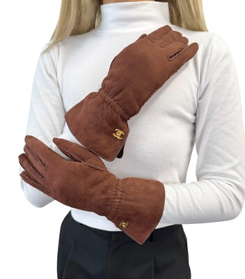 CHANEL Vintage CC Logo Gloves #L Fashion Accessory Brown Gold