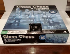 Glass Chess and Checkers Board Game Set Clear and Frosted PIeces + Glass Board