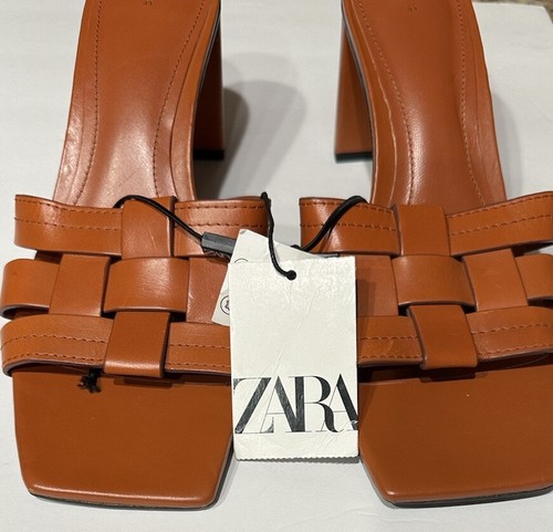 ZARA Women's Square Toe Heeled Slip-on Sandals in Brown Size 10 Run Small, NEW - Picture 4 of 10