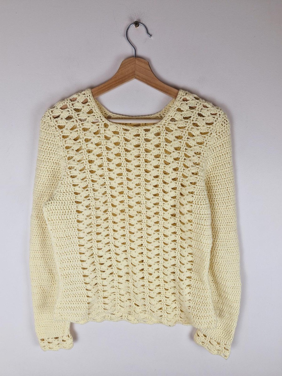 Womens Vintage 1970s 70s Handknitted Knitted Crochet Yellow Jumper