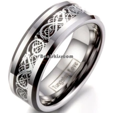 8mm Tungsten Carbide Silver Dragon Celtic Scroll Inlay Ring Men's Wedding Band